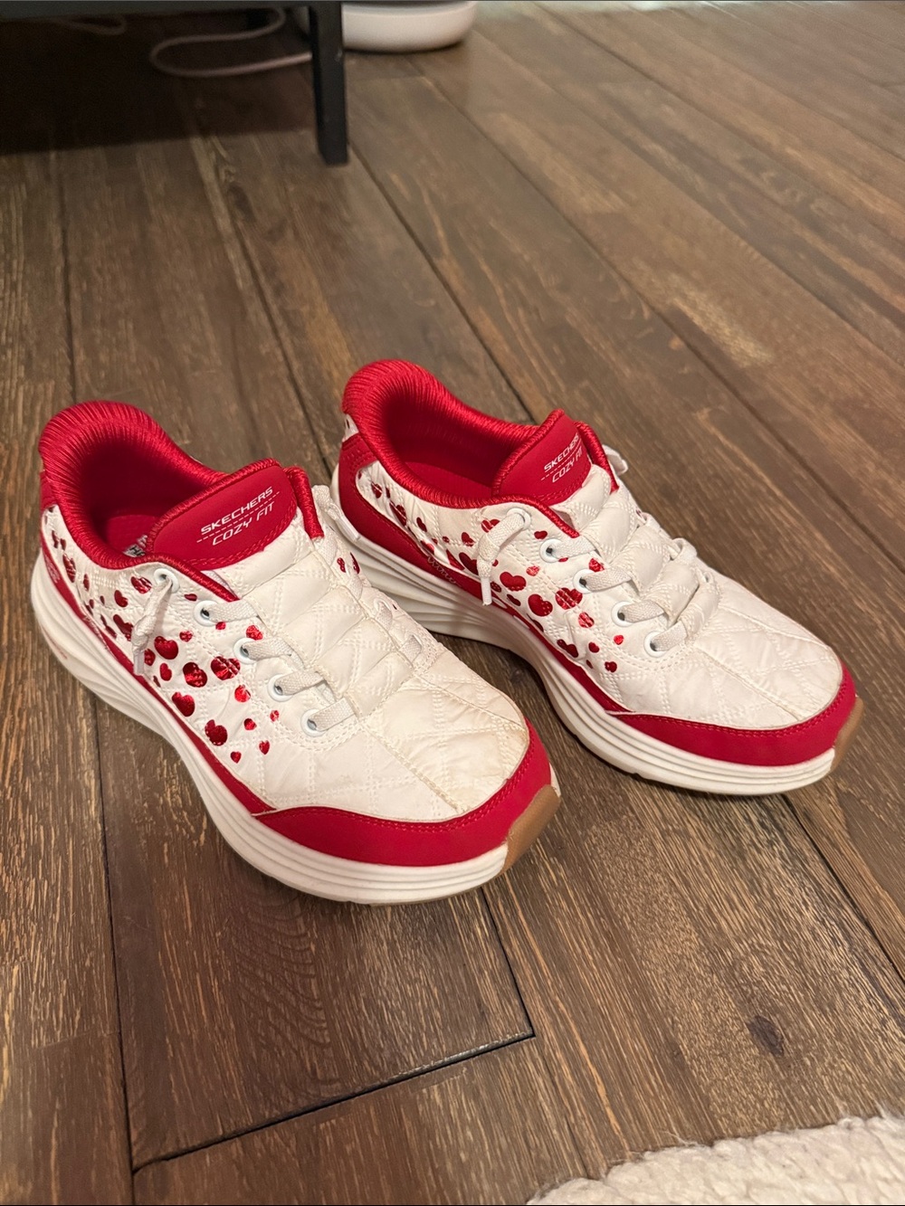 Skechers Girl’s White and Red Heart Accent Slip-On Sneakers